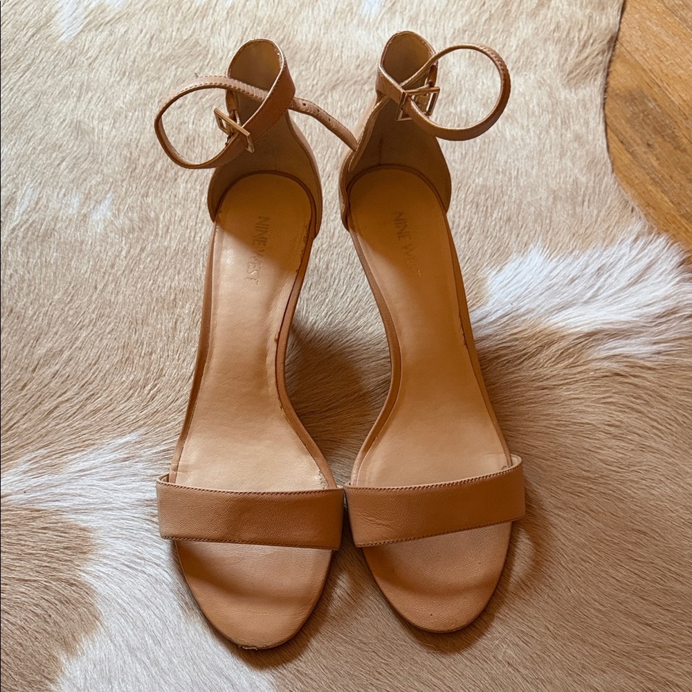 Tan Ankle Strap Sandals with Small Heel